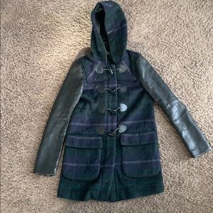 Zara Plaid Toggle Wool Duffle Coat Leather Sleeves
